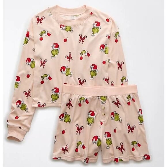 2024 American Eagle Grinch Candy Cane Pink Pajamas & Crew Socks size Small - Picture 2 of 5